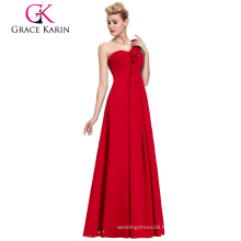 Grace Karin One Shoulder Floral Strap Design Red Long Chiffon Plus Size Evening Dress for Fat Ladies CL3402-1